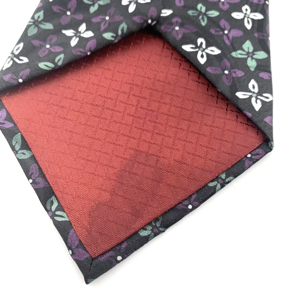 Christian Dior Monsieur Mens Tie Black & Purple Floral Pattern 100% Silk Necktie
